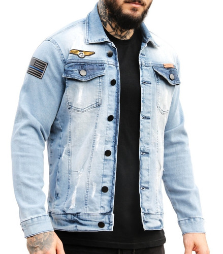 Jaqueta Jeans Masculina Destroyed Com Patches Bordados