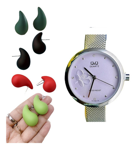 Set Reloj Q&q Mariposa Acero Con Cuatro Topos Gota Colores