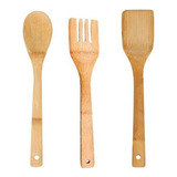 Set 3 Utensilios De Madera Bamboo Cuchara Espatulas P/teflon Color Marrón