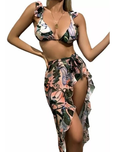 Traje De Baño Mujer 2 Piezas + Falda Bikini Mujer Tropical
