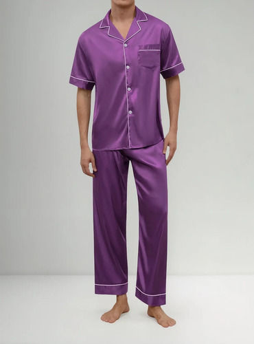Conjunto Pijama De Satén De Seda Pantalón Camisa Caballero