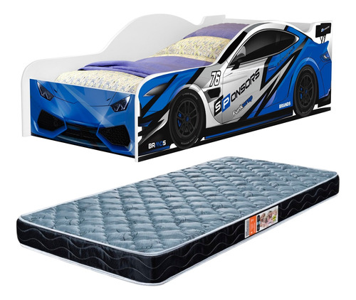 Cama Solteiro Proteção Com Colchão Carro Sport 11 Azul