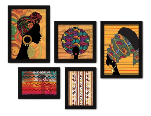 Kit Com 5 Quadros Decorativos - Africanas África Sala Cor Moldura Preta