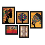 Kit Com 5 Quadros Decorativos - Africanas África Sala Cor Moldura Preta