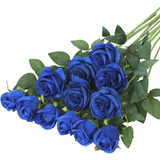 12 Rosas De Seda Artificiales Con Tallo Largo - Azul