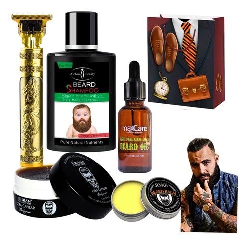 Kit Barbería Cera Aceite De Barba Shampo Maquina Gel Afeitar