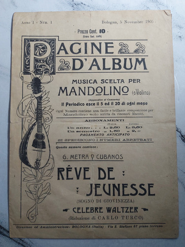 Antigua Partitura Pagine D'album. Mandolino. Ian 509