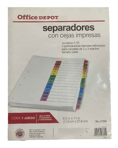 Separadores Cejas Impresas Numérico 1-15 Carta Office Depot