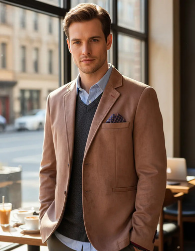 Saco Blazer Suede (tipo Gamuza) Color Chocolate; Slim Fit