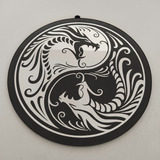 Espejo Decorativo Circular Grabado Laser Yin Yan Dragones