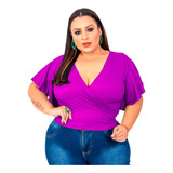 Blusa Cropped Plus Size Transpassado Manga Flare Verão Gg G1