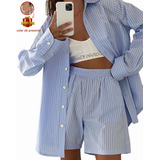 Conjunto De Camisa E Mini Shorts De Linho De Algodão Feminin