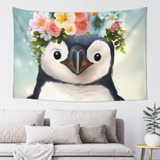 Adanti Penguin Wearing Flowers Print Tapestry Decorative Wa.