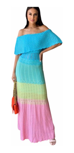 Vestido Longo Ciganinha Em Tricô Estampa Color Verao