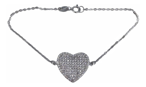 Pulsera Plata Dije Corazón Piedras Circón Micro Pavé, Cadena