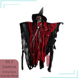 Kit 3 Caveiras Acende Enfeite Halloween Esqueleto Decoração