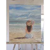Cuadro Pintado A Mano Al Oleo Figurativo  Mujer En La Playa 