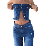 Corset Jean Strapless Crop Top Con Botones Elastizado Oscuro