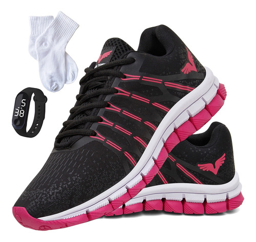 Tenis Corrida Feminino Academia Kit Com Meia Relogio Brinde