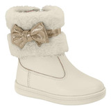 Bota Molekinha Off White Infantil Laço Dourado Peludinha