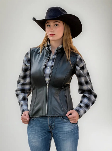 Chaleco De Piel Para Mujer Estilo Vaquero Negro Y Terracot