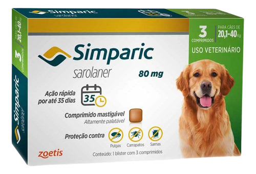 Antipulgas Simparic 80mg - Cães 20,1 A 40kg - 3 Comprimidos