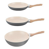 Set X3 Wok 28 Sarten 20 26cm Crema Ceramica Antiadherente