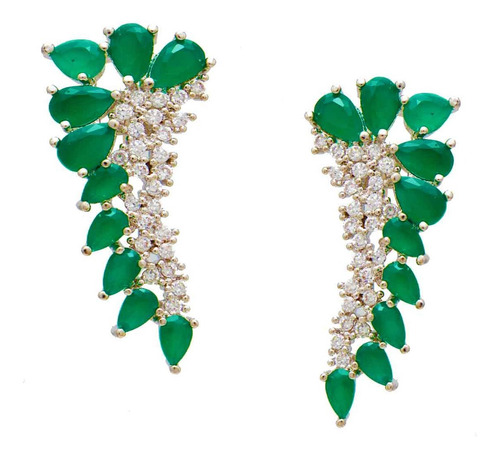 Brinco Ear Cuff Cor Verde Folheado Ródio Branco Softjoias 