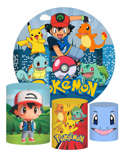 Kit Pokemon Trio Capas De Cilindro + Painel Redondo Tecido