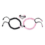 Pulsera Pareja Cuarzo Rosa-onix Iman + Estuche Gamushop