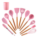 Set X12 Kit Utensilios De Cocina Mango Madera Punta Silicona