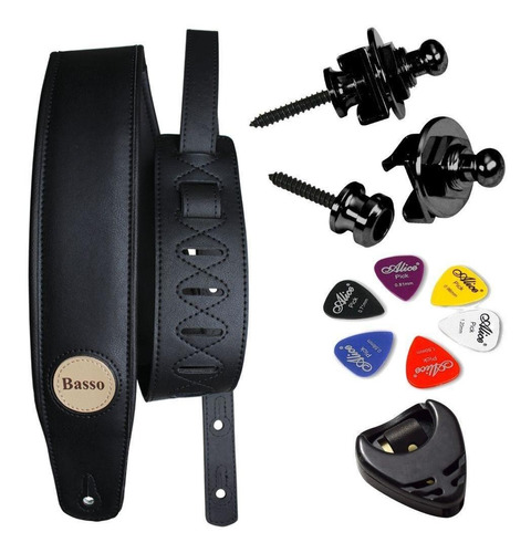 Correia Guitarra Violão Baixo Alça Basso Cla 13 Preto + Kit