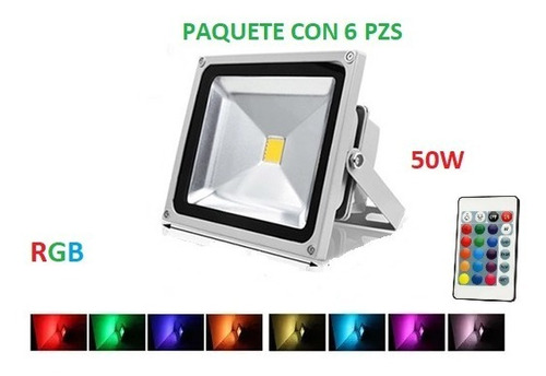 Pack 6 Pzs Reflector Rgb Lampara Led 50w Multicolor Exterior