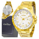 Relógio Masculino Condor Grande Analógico Pulseira E Bisel Dourado Fundo Branco