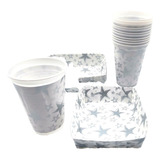 Kit Fiesta Vasos Platos Estrellas Plateado X 12 Units