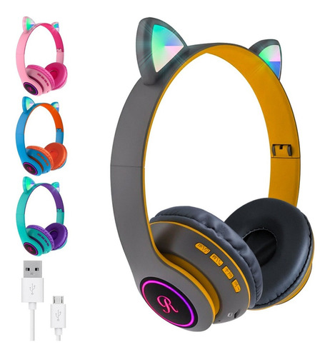 Auriculares Oreja De Gato Gamer Bluetooth Neko Luz Led Usb Color Gris