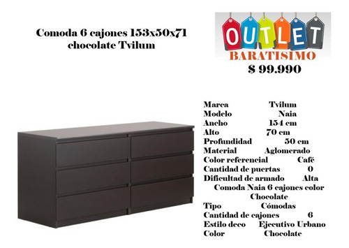 Comoda 6 Cajones 153x50x83 Chocolate