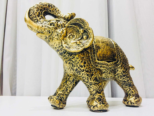 Elefante Decorativo Em Resina Indiano Sabedoria Sorte Ouro