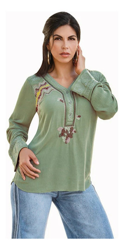 Blusa Manga Larga Verde Bordada Mujer Cklass 99397 