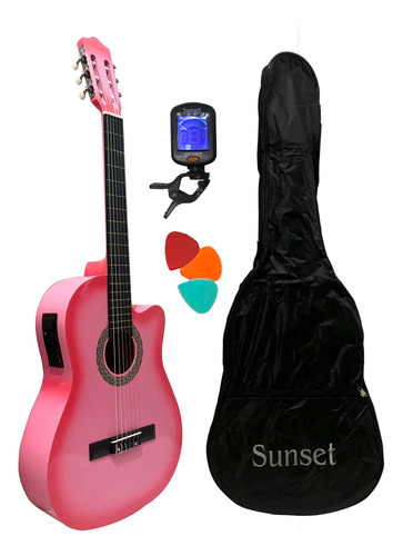 Guitarra Electrocriolla Sunset Eq 4 Bandas Funda Color Rosa 