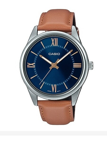 Reloj Casio Modelo Mtp-v005 Piel Camel Cara Azul
