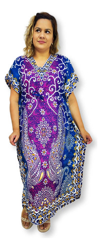 Vestido Kaftan Indiano Plus Size Estampa Flores E Arabesco