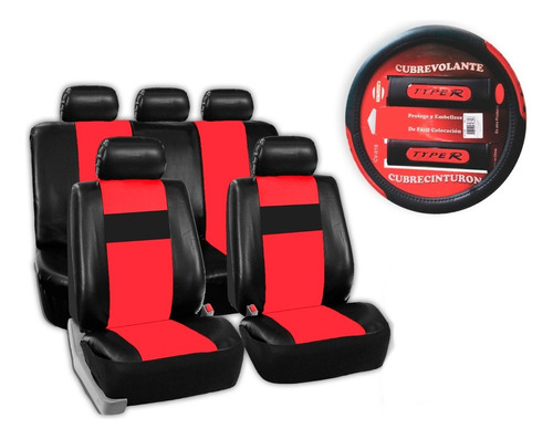 Kit Funda Asientos Volante Cinturones Auto Eco Cuero Rojo