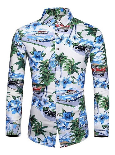 Camisa Hawaiana De Manga Larga Para Hombre Con Botones Estam