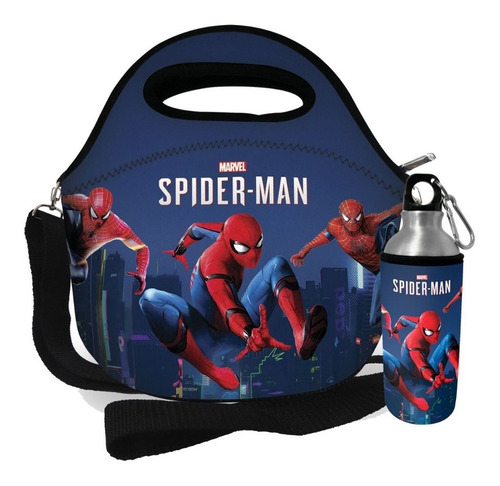 Kit Bolsa Feminina Lancheira + Garrafa Termica Homem Aranha