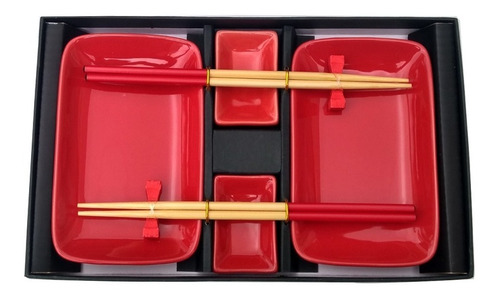 Set Sushi X 2 + Palillos Rojo Con Platos Dips Porcelana 