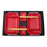 Set Sushi X 2 + Palillos Rojo Con Platos Dips Porcelana 