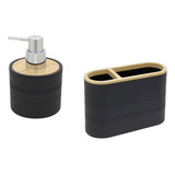 Kit Accesorios Baño Dispenser Porta Cepillo Acrilico Bambu