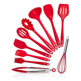 Jogo C/10 Colheres De Silicone Cabo Inox Utensílios Cozinha