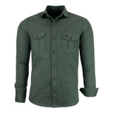 Camisa Masculina Estilo Militar Manga Longa Slim Fit